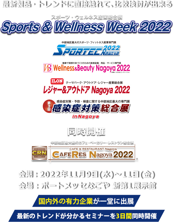 中部地区最大のスポーツ・ウェルネス産業総合展 Sports & Wellness Week2022　会期：11月9日(水)～11日(金)10:00-17:00　会場：ポートメッセなごや 新第1展示館